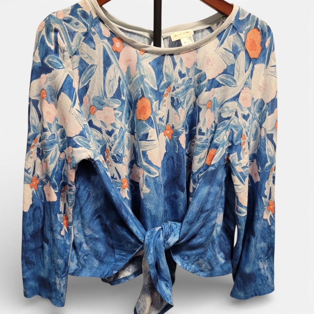 Anthropologie Meadow Rue Top Linen Cotton Watercolor Floral Tie Front Blue‎ LP L